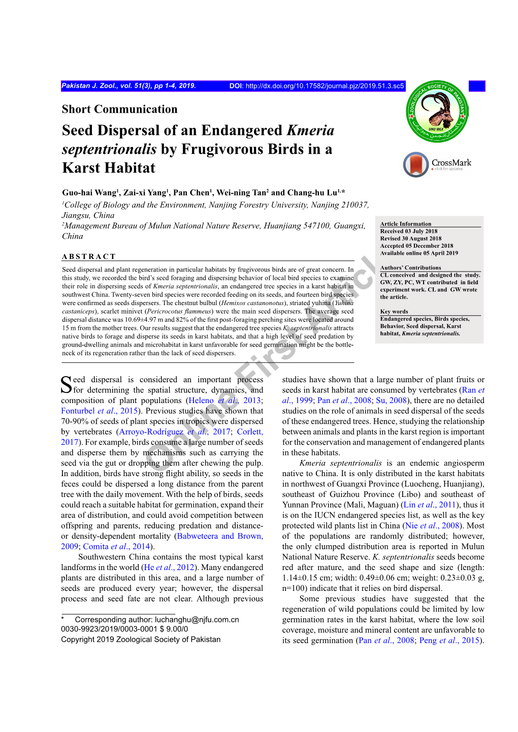 Seed Dispersal of an Endangered Kmeria Septentrionalis by Frugivorous Birds in a Karst Habitat