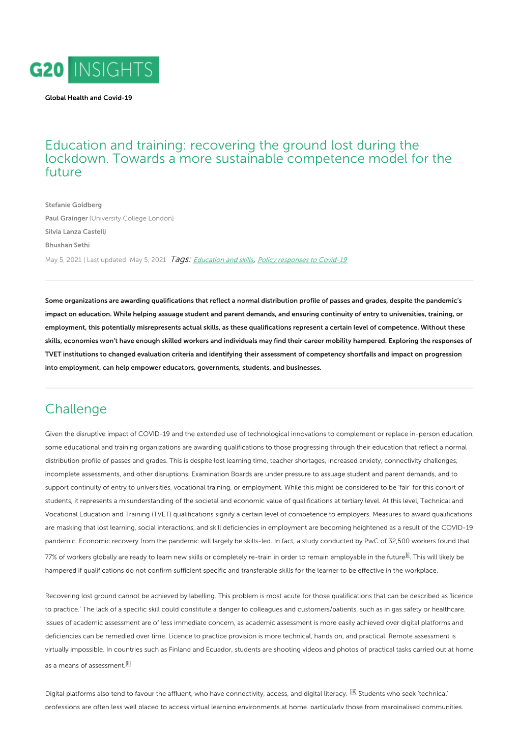 Education and Training: Recovering the Ground Lost During the Lockdown