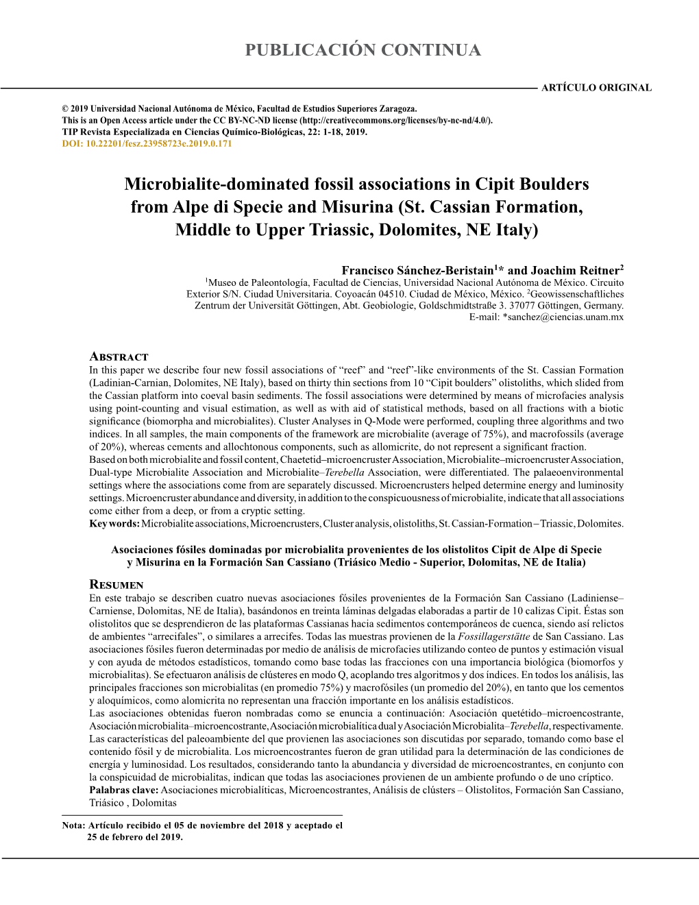 Microbialite-Dominated Fossil Associations in Cipit Boulders from Alpe Di Specie and Misurina (St. Cassian Formation, Middle to Upper Triassic, Dolomites, NE Italy)