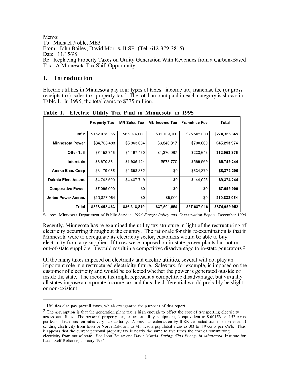 Replacing Property Taxes on Utility Generation with Revenues from a Carbon-Based Tax: a Minnesota Tax Shift Opportunity I