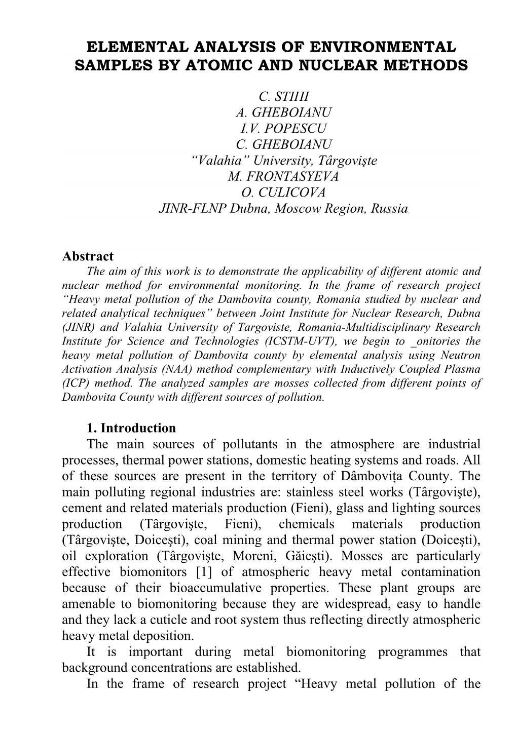 Elemental Analysis of Environmental Samples by Atomic and Nuclear Methods