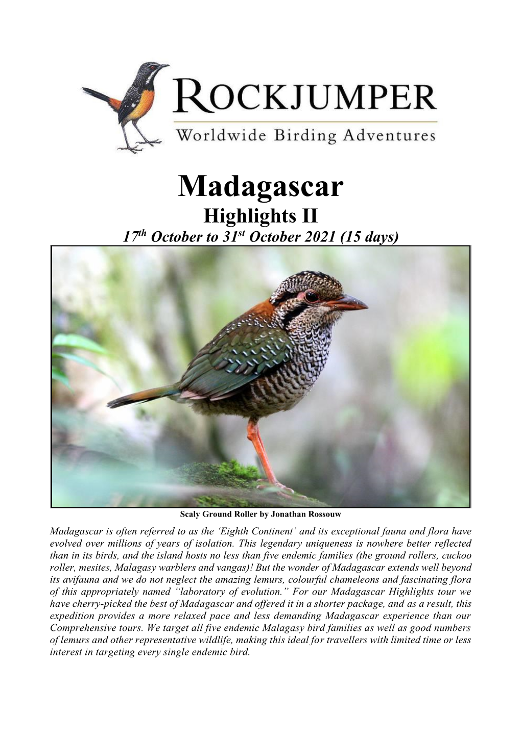 Madagascar Highlights II 17Th October to 31St October 2021 (15 Days)