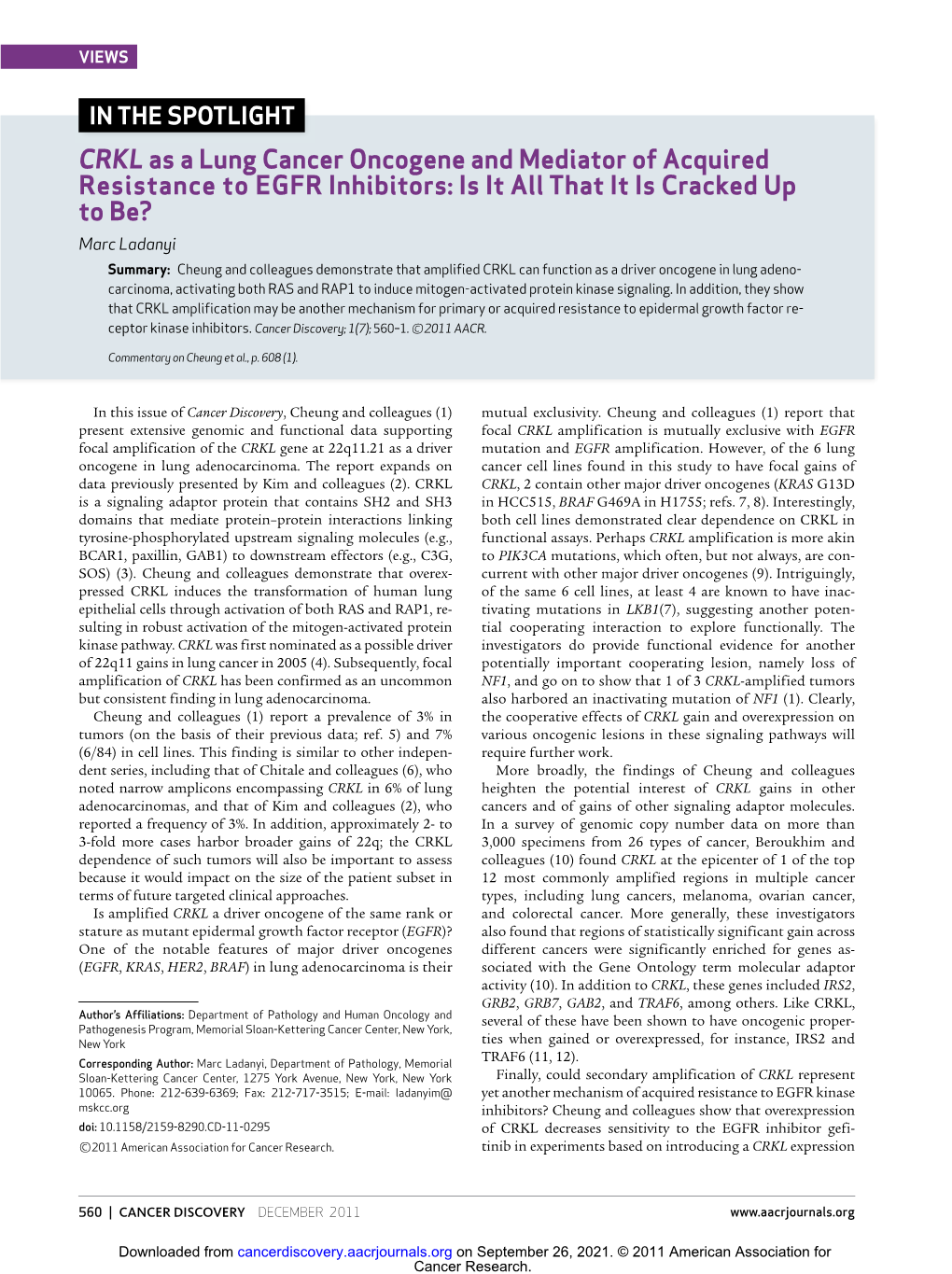 CRKL As a Lung Cancer Oncogene and Mediator Of