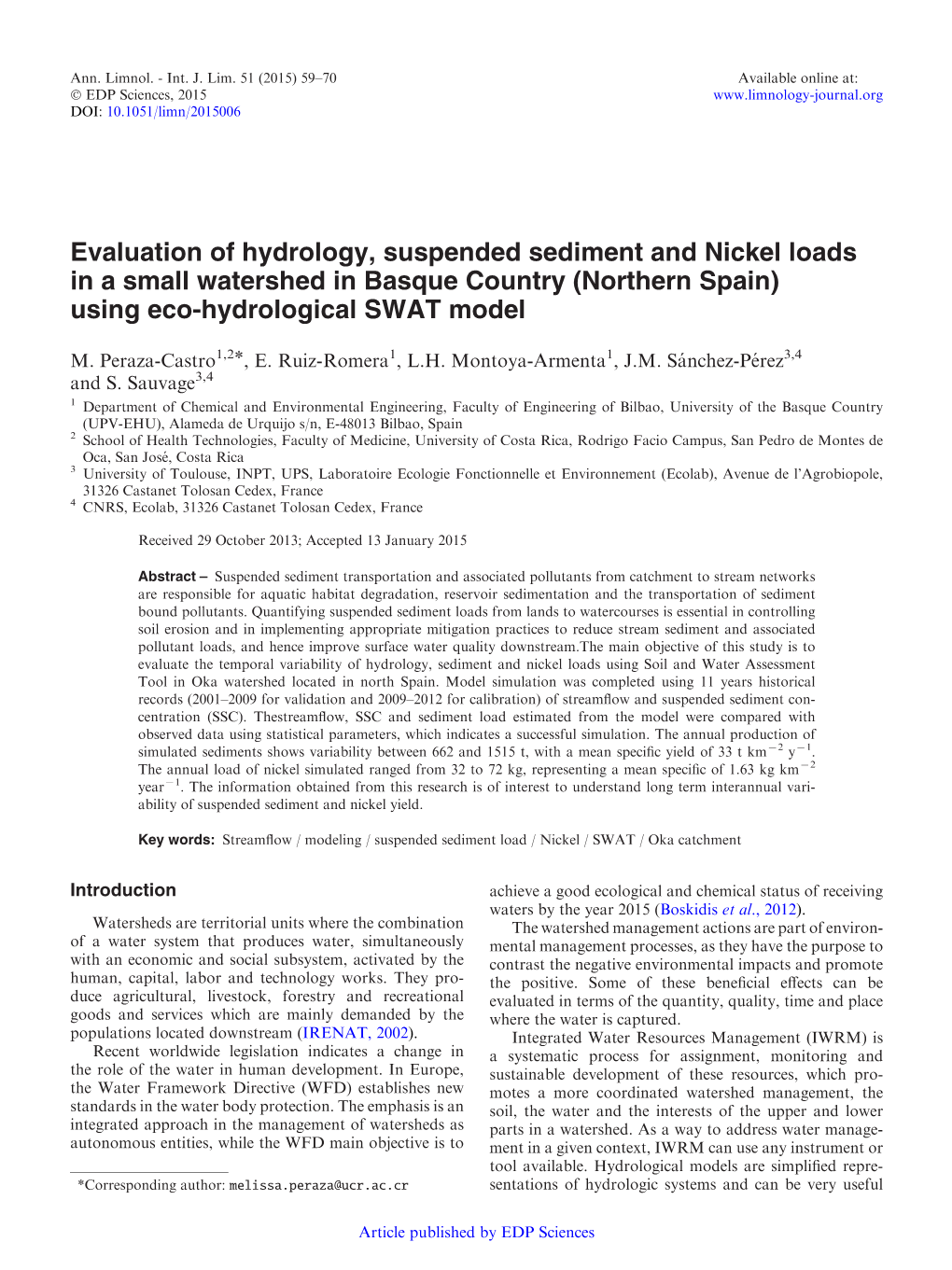 Evaluation of Hydrology, Suspended Sediment and Nickel Loads in a Small Watershed in Basque Country (Northern Spain) Using Eco-Hydrological SWAT Model