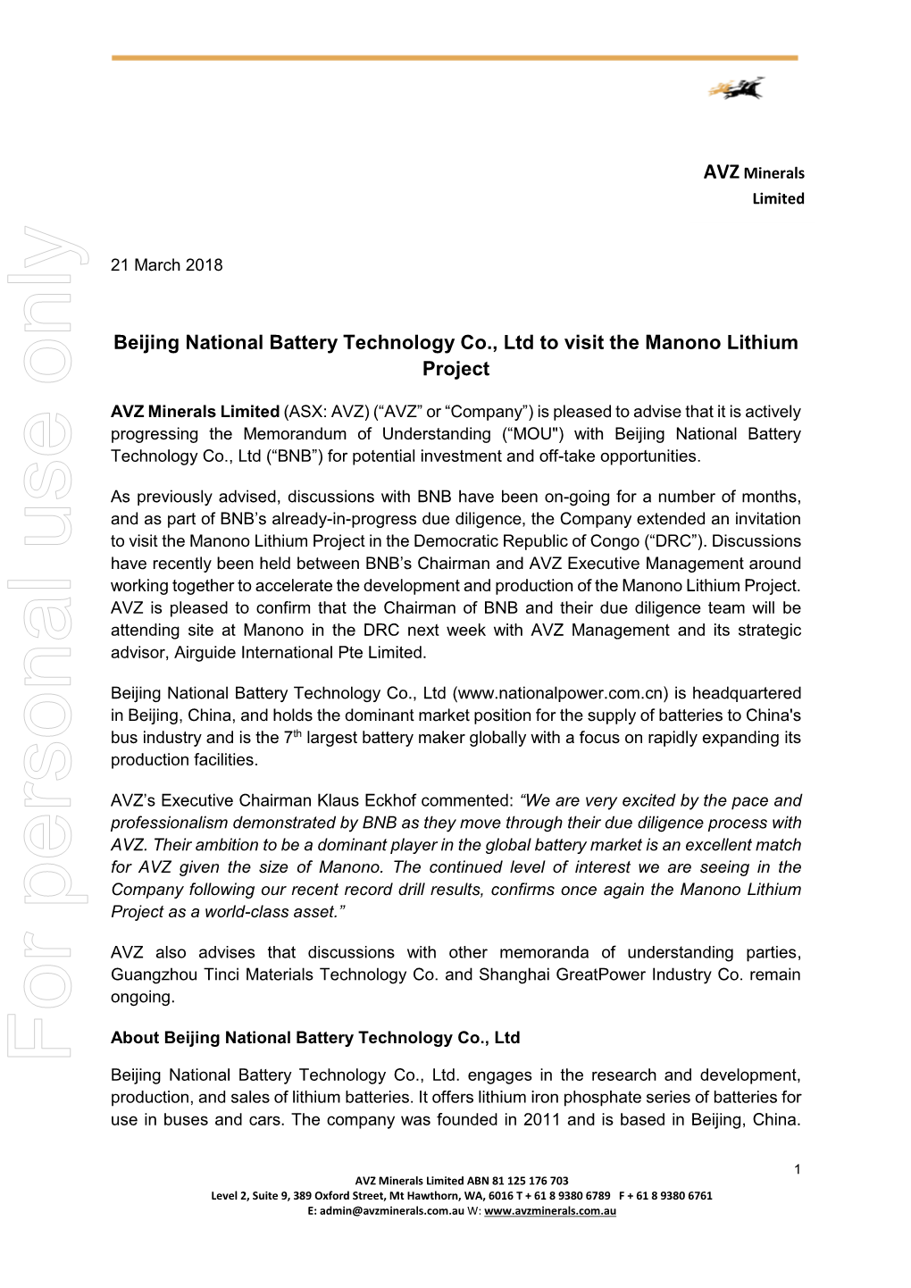 For Personal Use Only Use Personal for Beijing National Battery Technology Co., Ltd