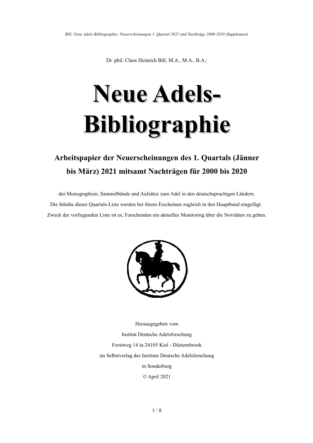 Neue Adels-Bibliographie: Neuerscheinungen 1