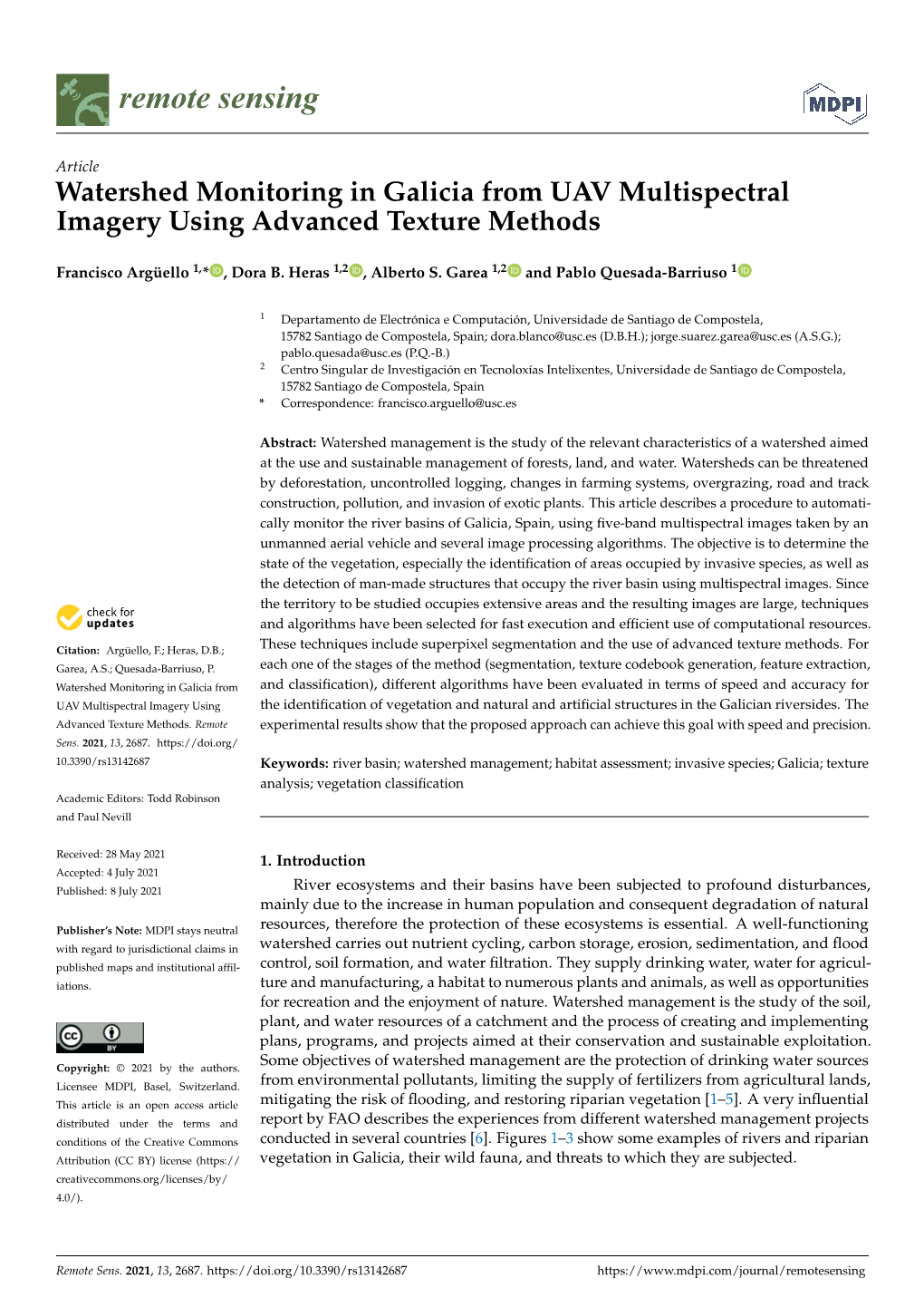 Watershed Monitoring in Galicia from UAV Multispectral Imagery Using Advanced Texture Methods