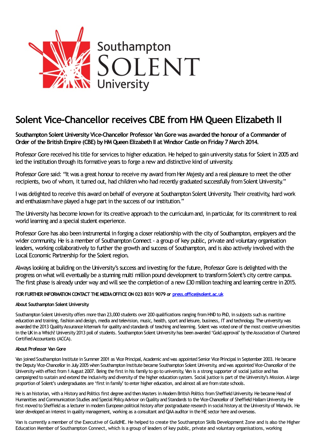 Solent Vice-Chancellor Receives CBE from HM Queen Elizabeth II
