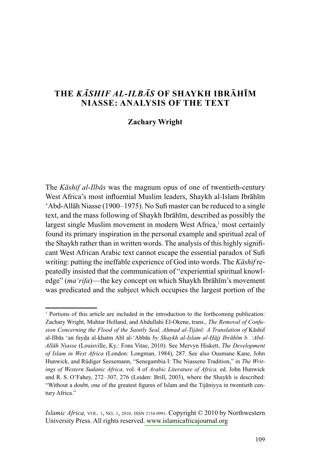 The Kāshif Al- Ilbās of Shaykh Ibrāhīm Niasse: Analysis of the Text