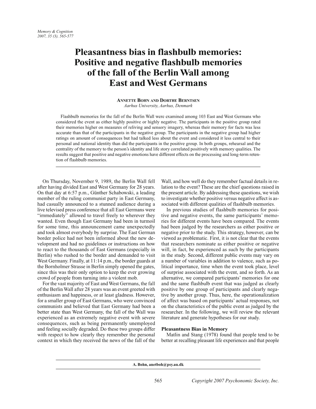 Pleasantness Bias in Flashbulb Memories: Positive and Negative Flashbulb Memories of the Fall of the Berlin Wall Among East and West Germans