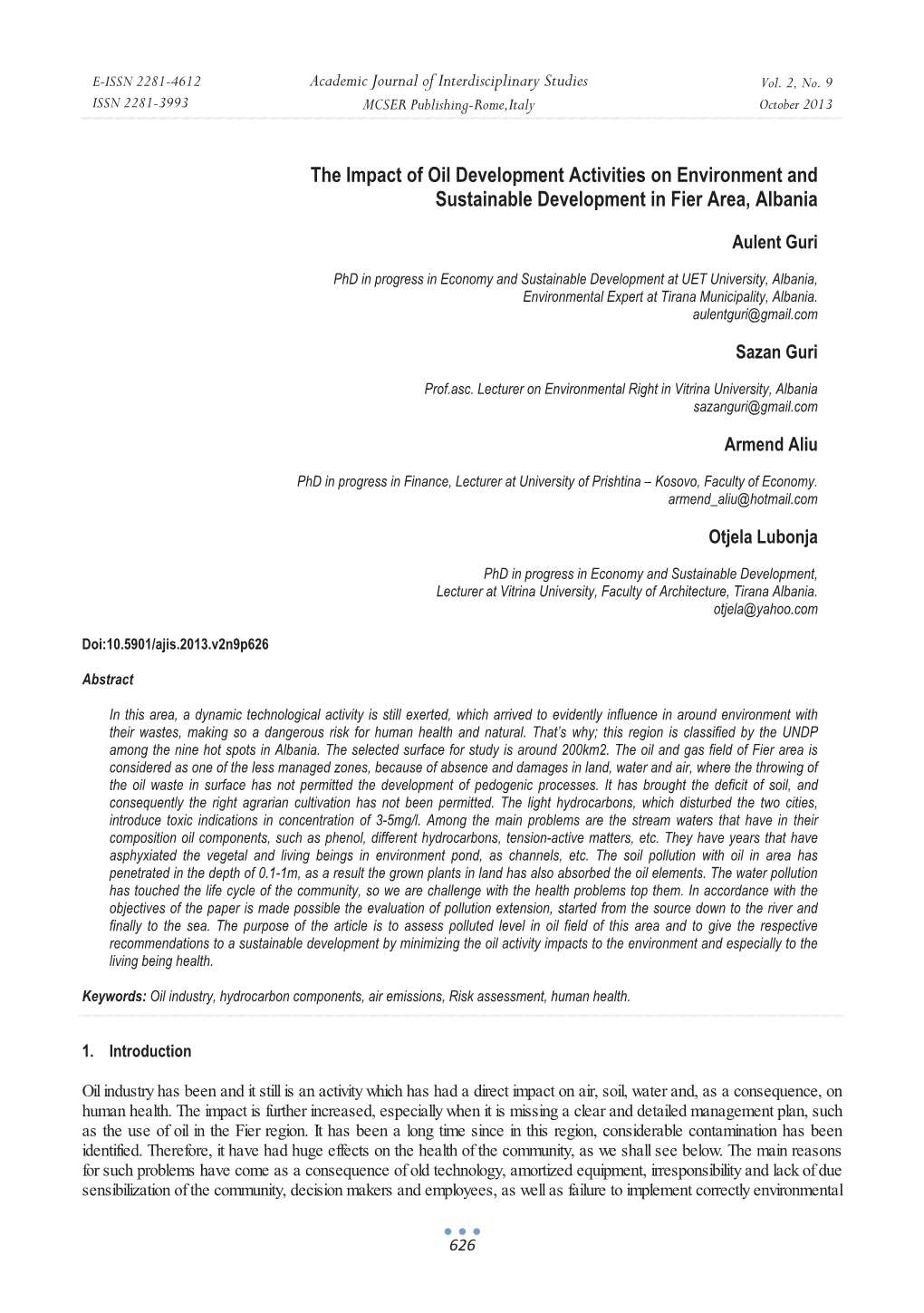 The Impact of Oil Development Activities on Environment and Sustainable Development in Fier Area, Albania