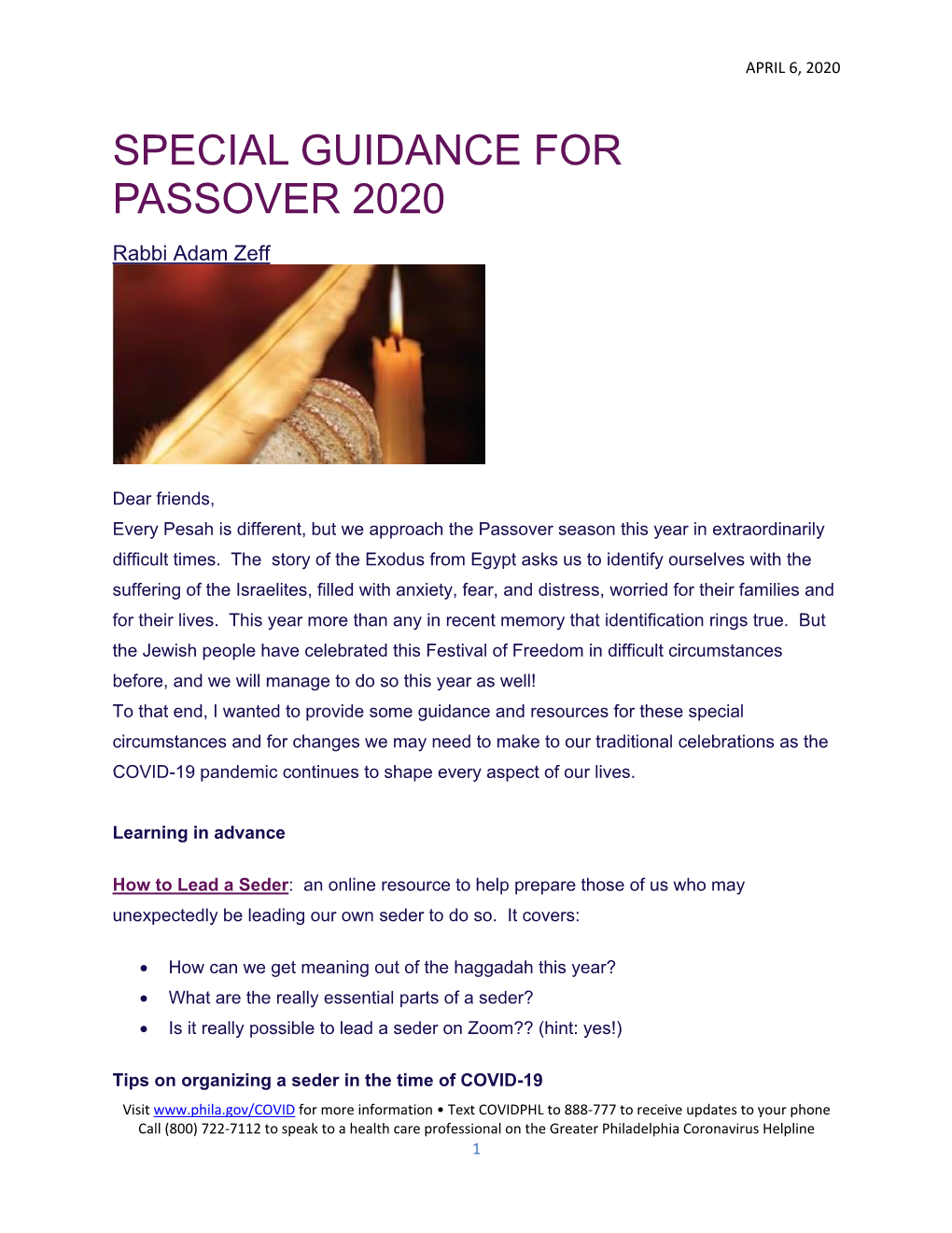 Special Guidance for Passover 2020