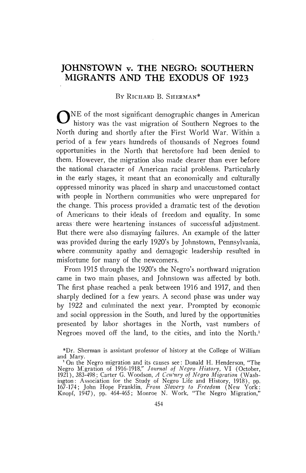 JOHNSTOWN V. the NEGRO: SOUTHERN MIGRANTS and the EXODUS of 1923