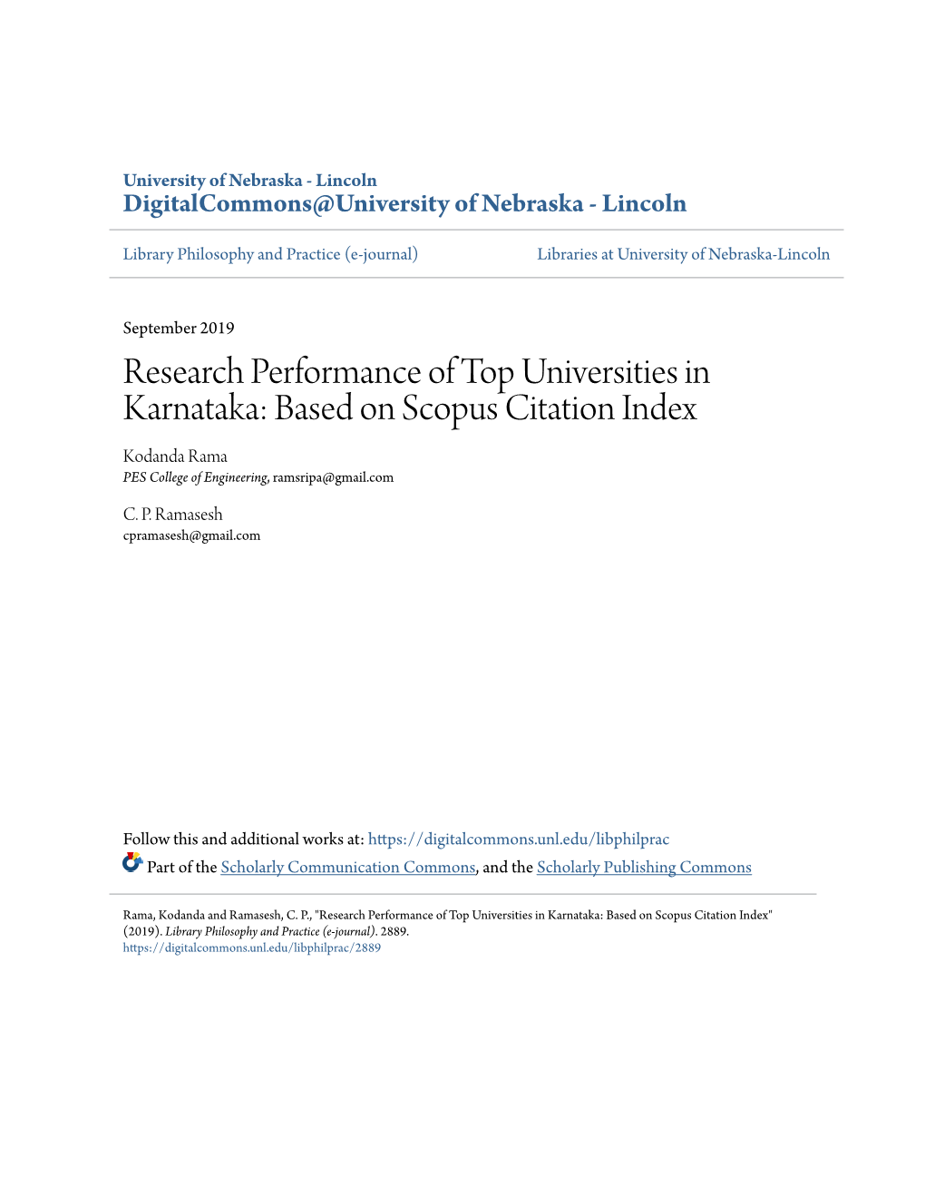 Research Performance of Top Universities in Karnataka: Based on Scopus Citation Index Kodanda Rama PES College of Engineering, Ramsripa@Gmail.Com