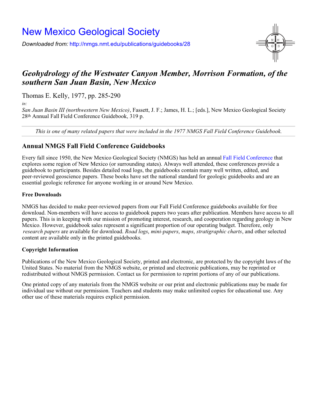 Geohydrology of the Westwater Canyon Member, Morrison Formation, of the Southern San Juan Basin, New Mexico Thomas E