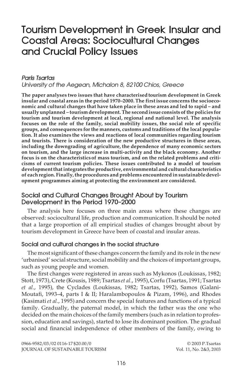 Tourism Development in Greek Insular and Coastal Areas: Sociocultural Changes and Crucial Policy Issues