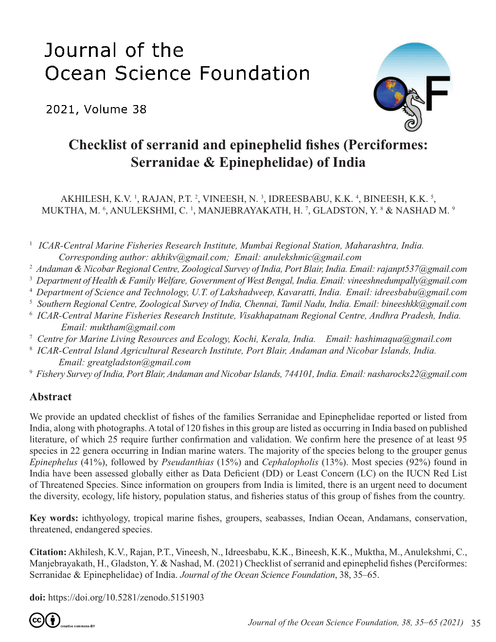 Checklist of Serranid and Epinephelid Fishes (Perciformes: Serranidae & Epinephelidae) of India