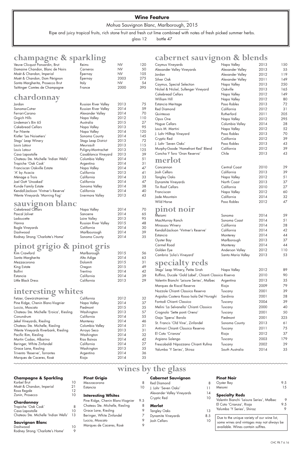 Wines by the Glass Champagne & Sparkling Chardonnay Sauvignon Blanc Pinot Grigio & Pinot Gris Interesting Whites Caberne