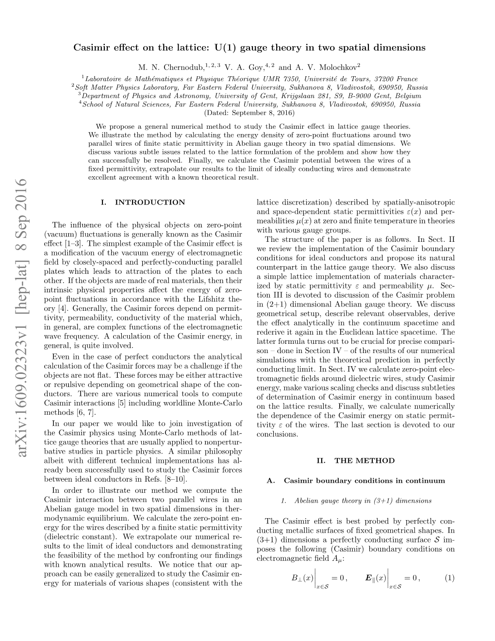 Casimir Effect on the Lattice: U (1) Gauge Theory in Two Spatial Dimensions