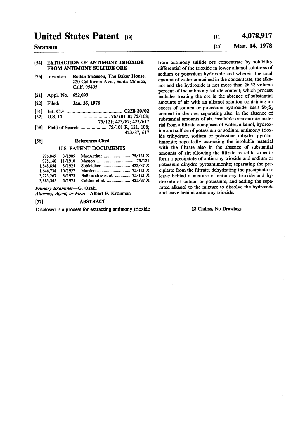 United States Patent (19) (11) 4,078,917 Swanson 45) Mar