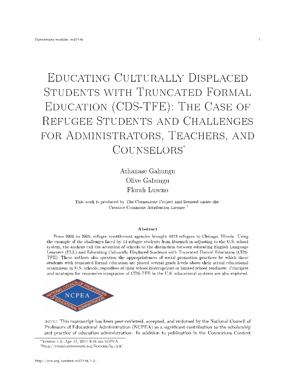 (CDS-TFE): the Case of Refugee Students and Challenges for Administrators, Teachers, and Counselors∗