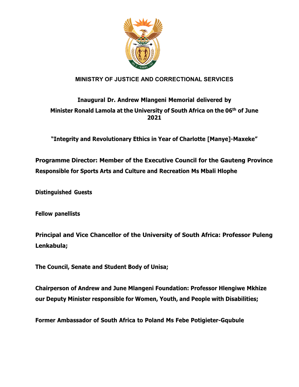 Inaugural Dr. Andrew Mlangeni Memorial Delivered by Minister Ronald Lamola at the University of South Africa on the 06Th of June 2021