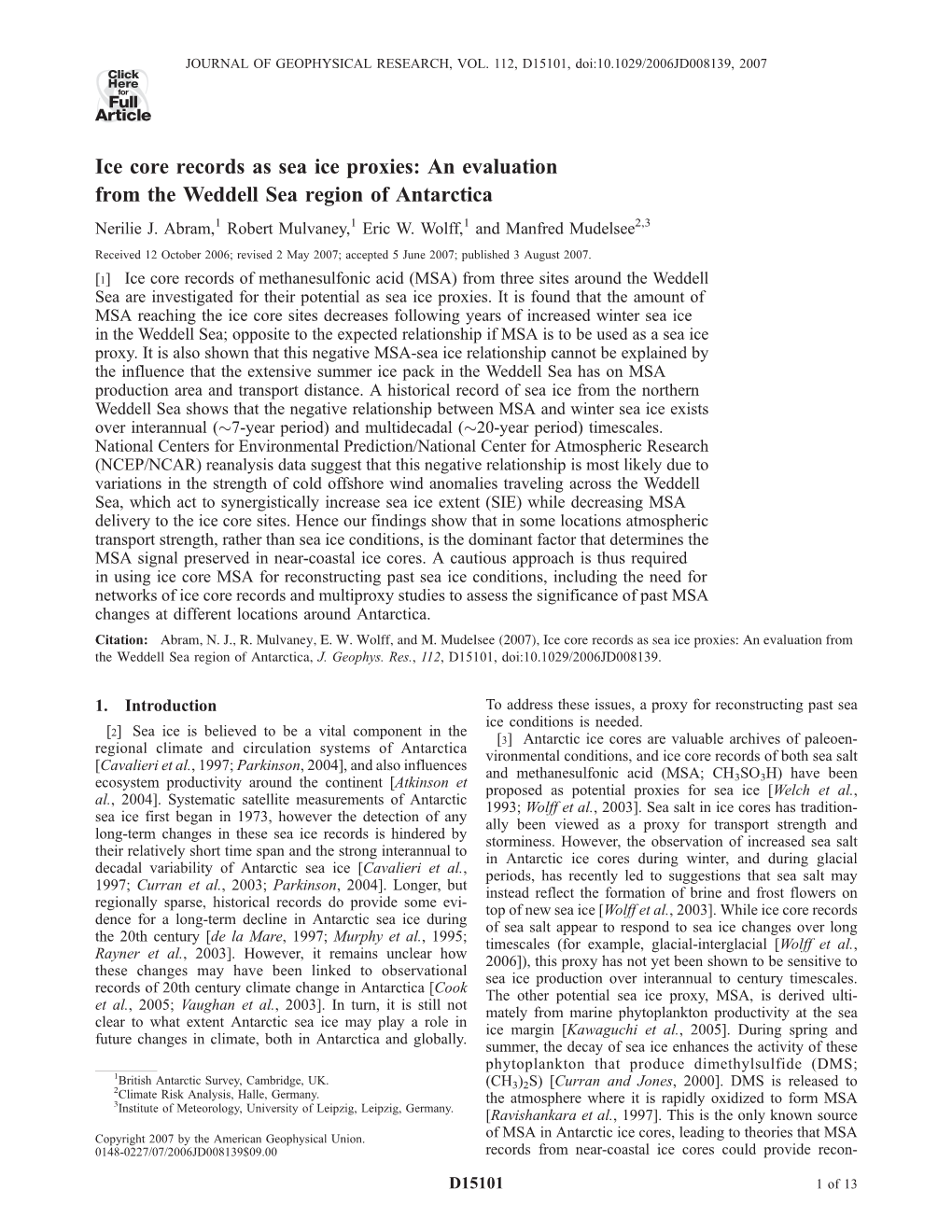 Ice Core Records As Sea Ice Proxies: an Evaluation from the Weddell Sea Region of Antarctica Nerilie J