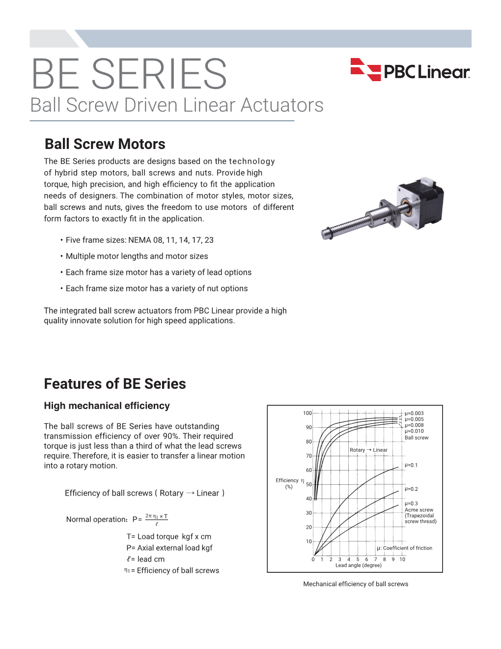 Ball Screw Motors the BE Series Products Are Designs Based on the Technology of Hybrid Step Motors, Ball Screws and Nuts