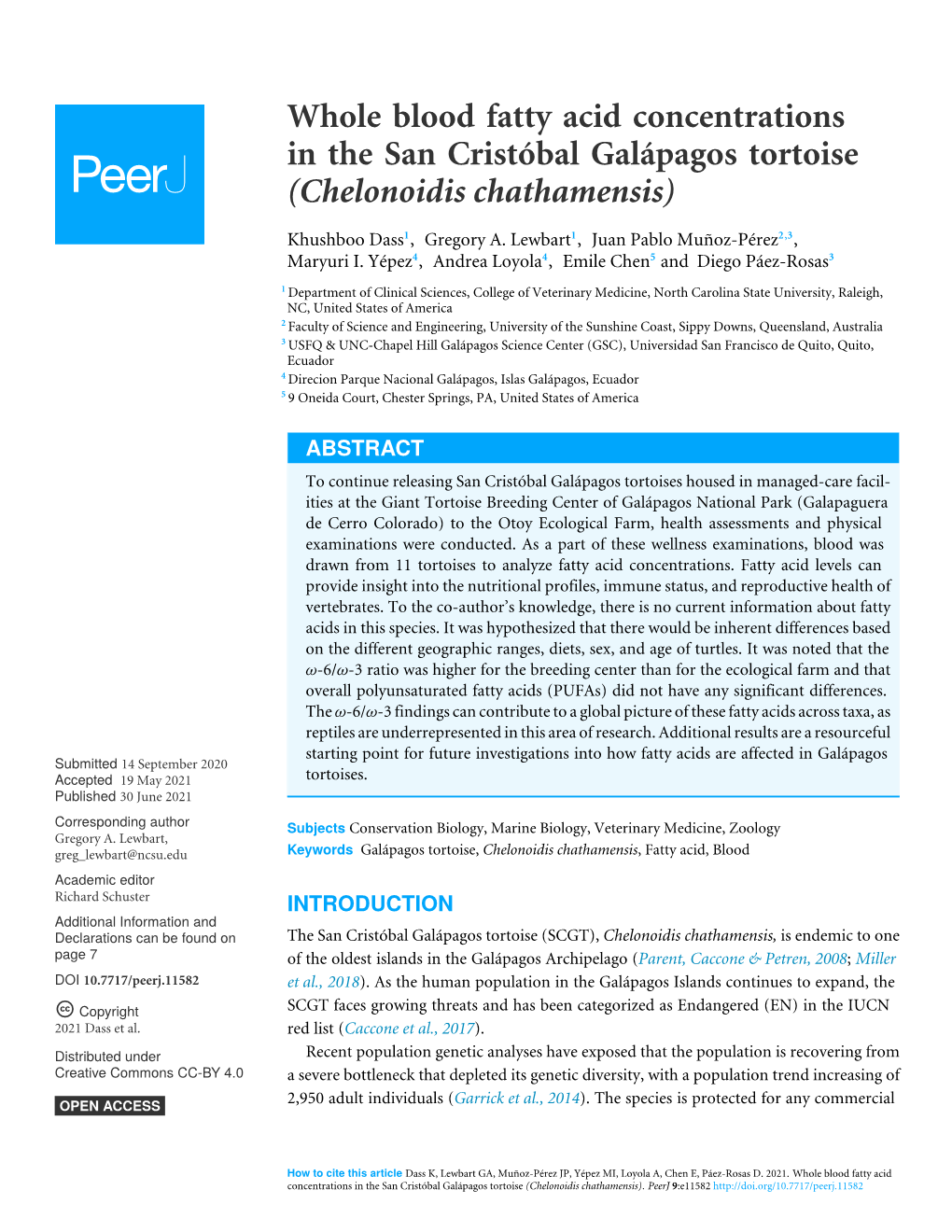 Whole Blood Fatty Acid Concentrations in the San Cristóbal Galápagos Tortoise (Chelonoidis Chathamensis)