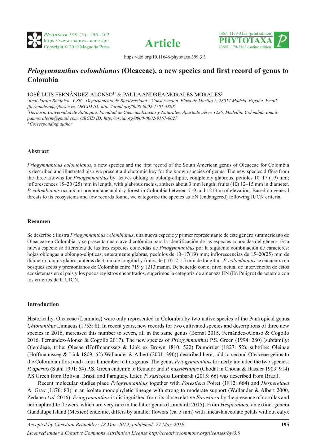 Priogymnanthus Colombianus (Oleaceae), a New Species and First Record of Genus to Colombia