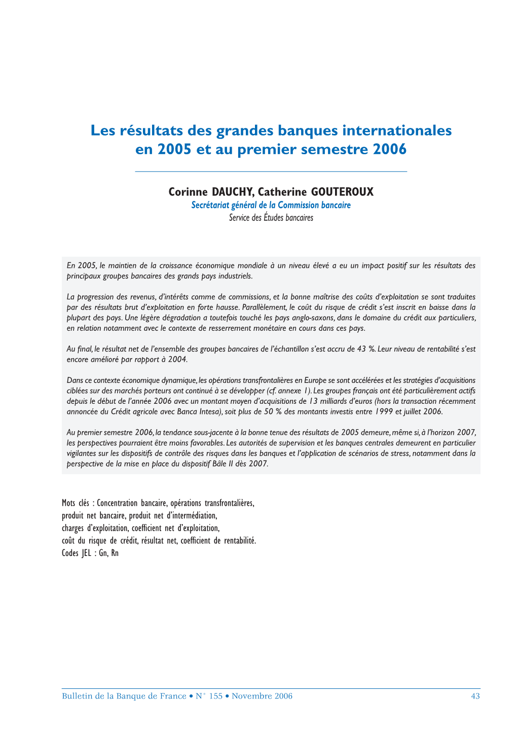 Les Résultats Des Grandes Banques Internationales En 2005 Et Au Premier Semestre 2006