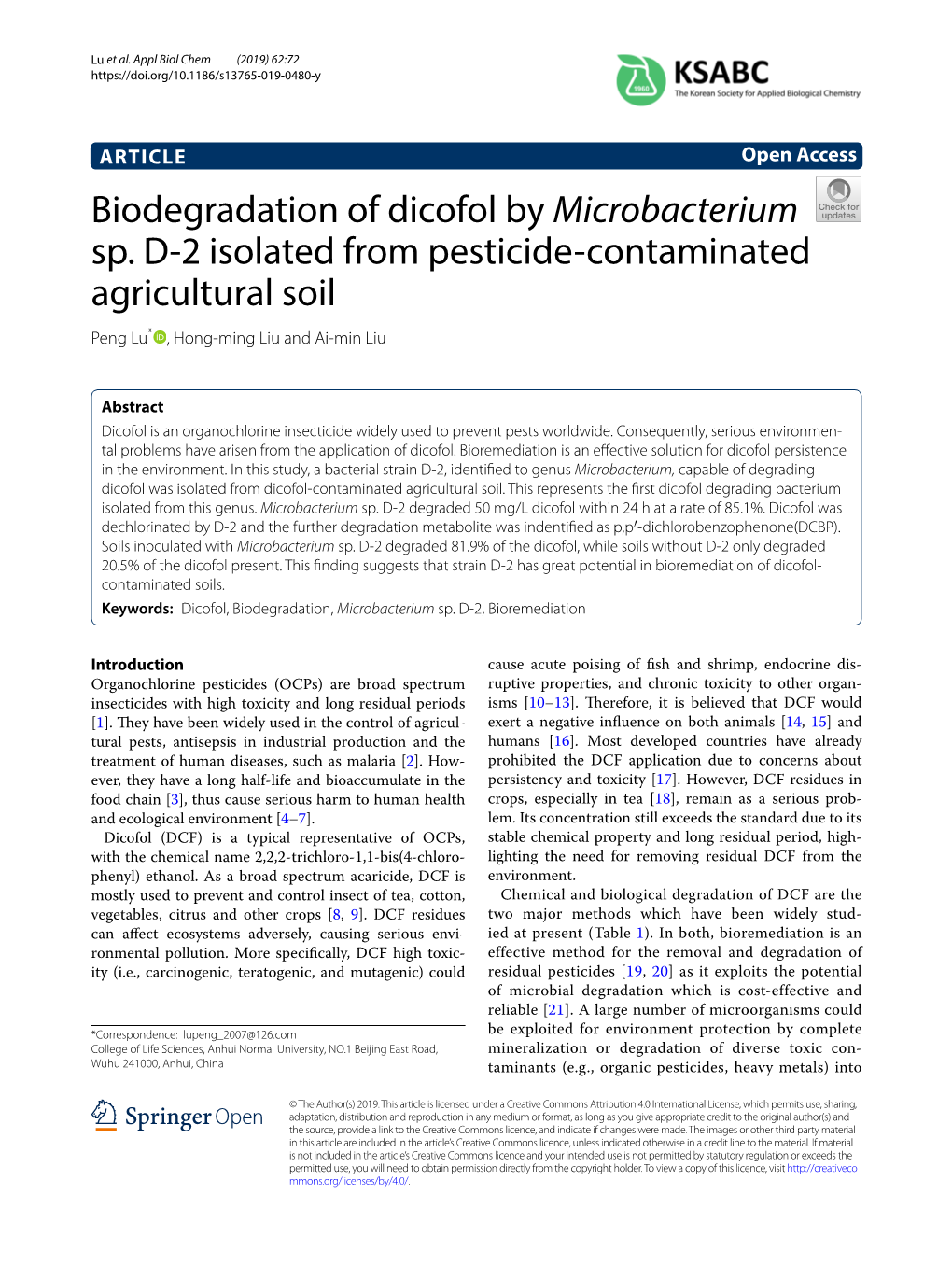 Biodegradation of Dicofol by Microbacterium Sp. D-2 Isolated