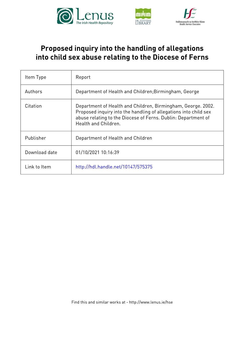 Proposed Inquiry Into the Handling of Allegations of Child Sex Abuse Relating to the Diocese of Ferns