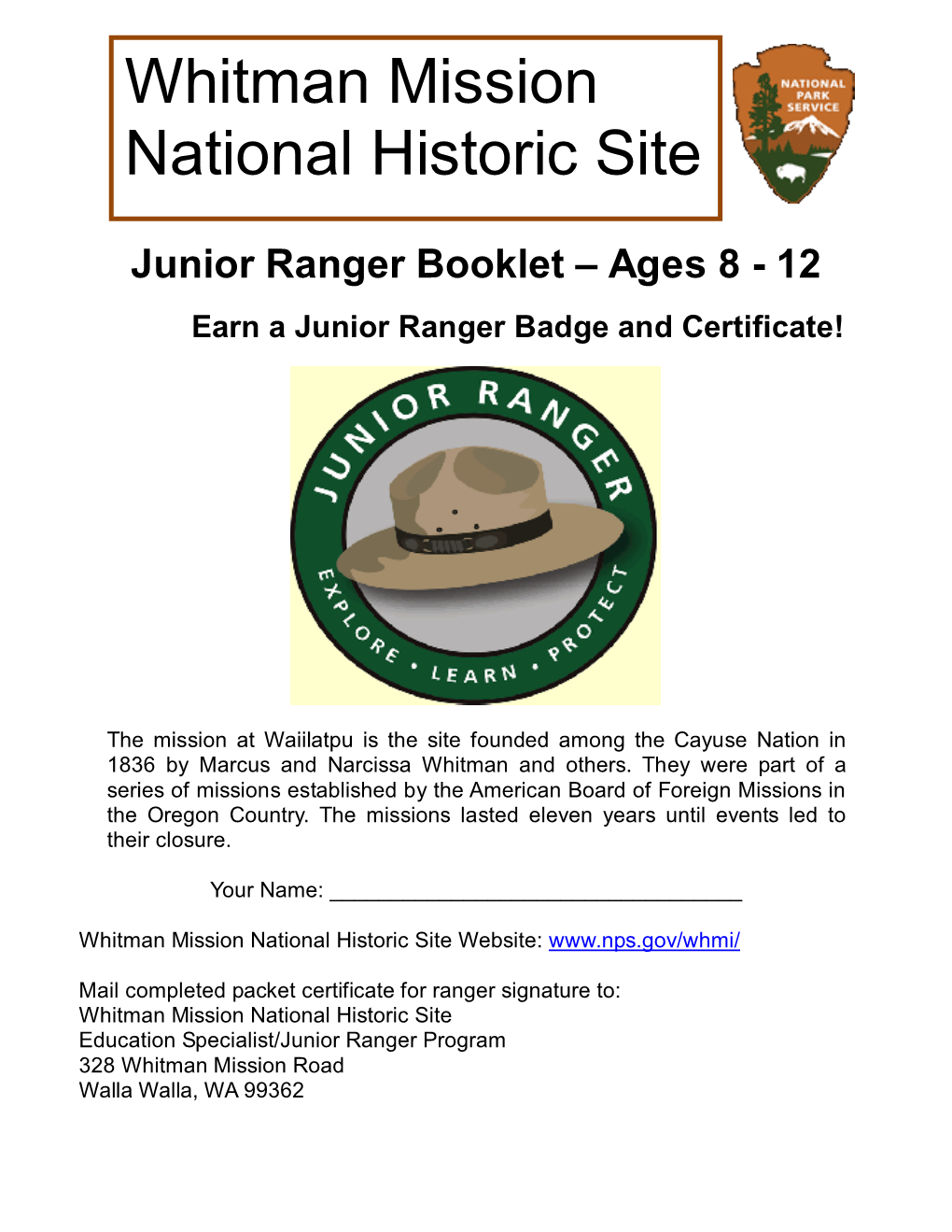 Junior Ranger Booklet (Ages 8-12), Whitman Mission National Historic