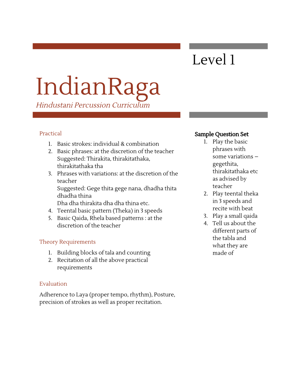 Hindustani Percussion Syllabus Levels