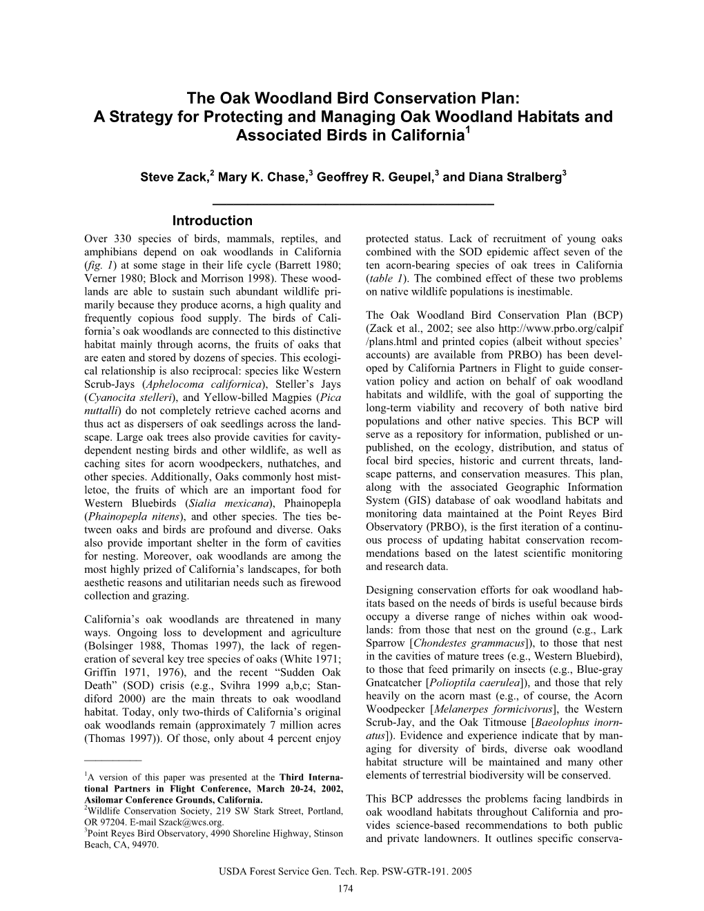 The Oak Woodland Bird Conservation Plan: a Strategy for Protecting and Managing Oak Woodland Habitats and Associated Birds in California1