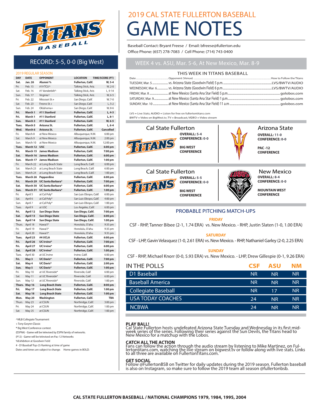 GAME NOTES Baseball Contact: Bryant Freese / Email: Bfreese@Fullerton.Edu Office Phone: (657) 278-7083 / Cell Phone: (714) 743-0400