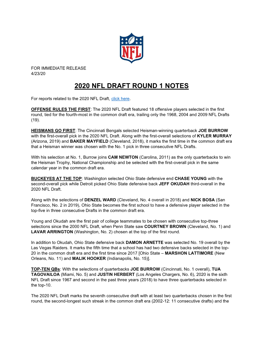 2020 Nfl Draft Round 1 Notes