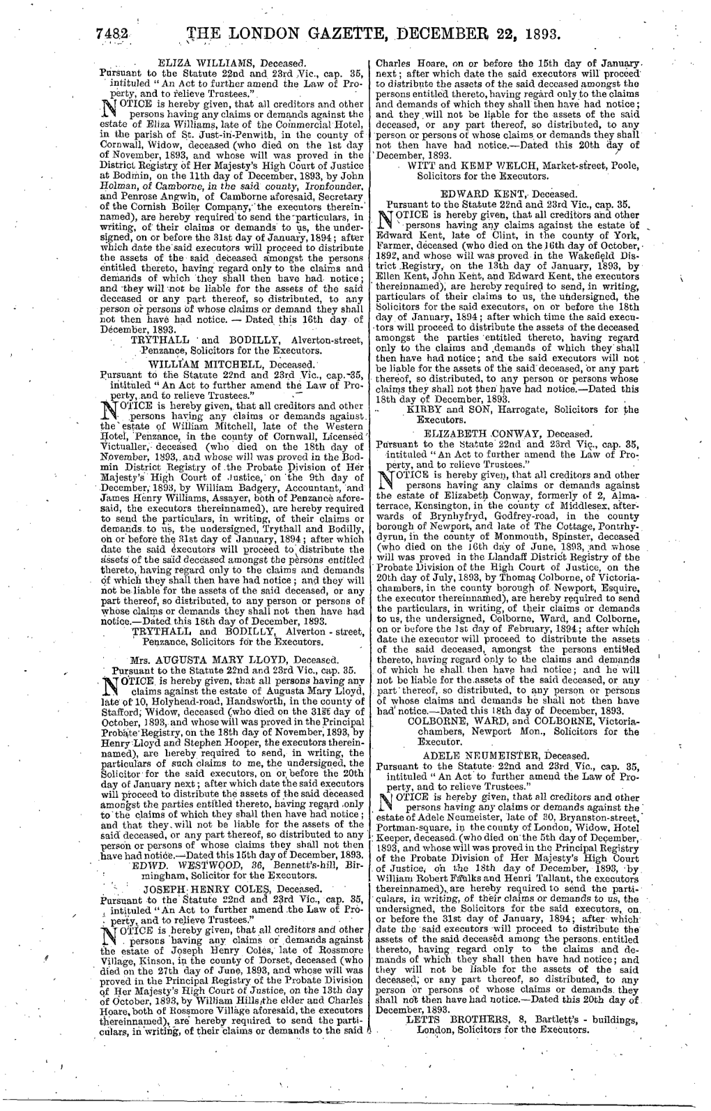 The London Gazette, Decembek 22, 1893