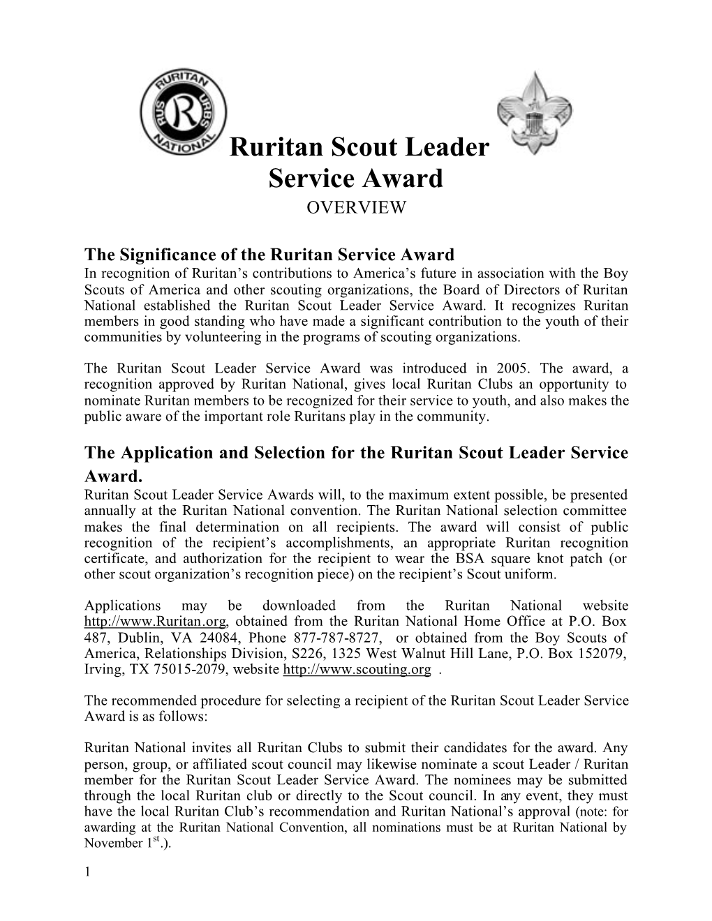 Ruritan Scout Leader Service Award OVERVIEW