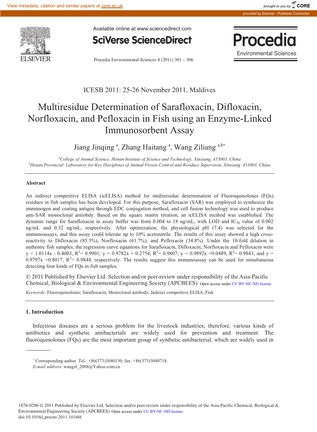 Multiresidue Determination of Sarafloxacin, Difloxacin, Norfloxacin, and Pefloxacin in Fish Using an Enzyme-Linked Immunosorbent Assay