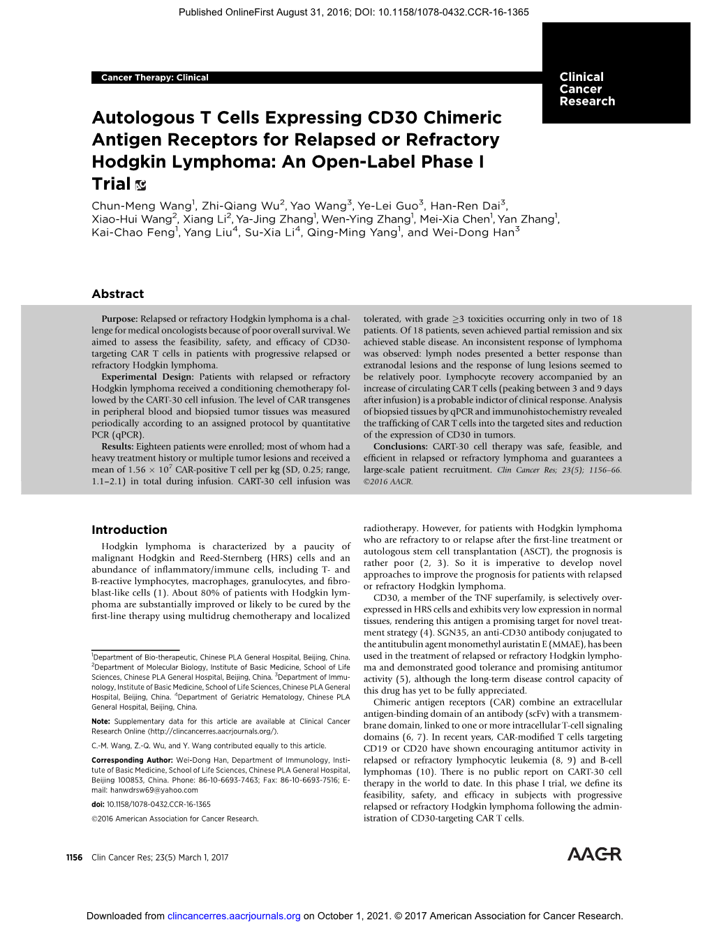 Autologous T Cells Expressing CD30 Chimeric Antigen Receptors For