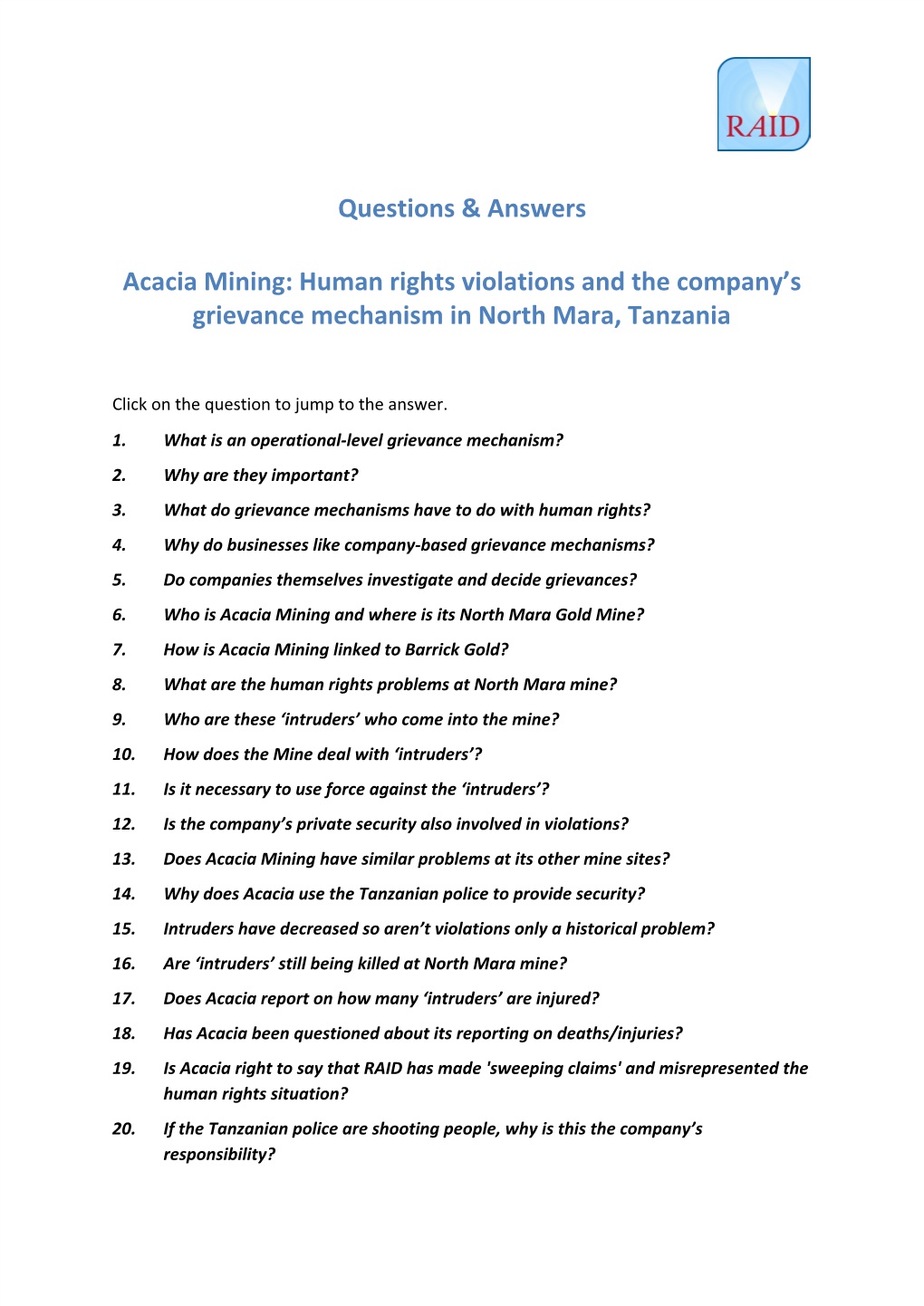 Acacia Mining: Human Rights Violations and the Company’S Grievance Mechanism in North Mara, Tanzania