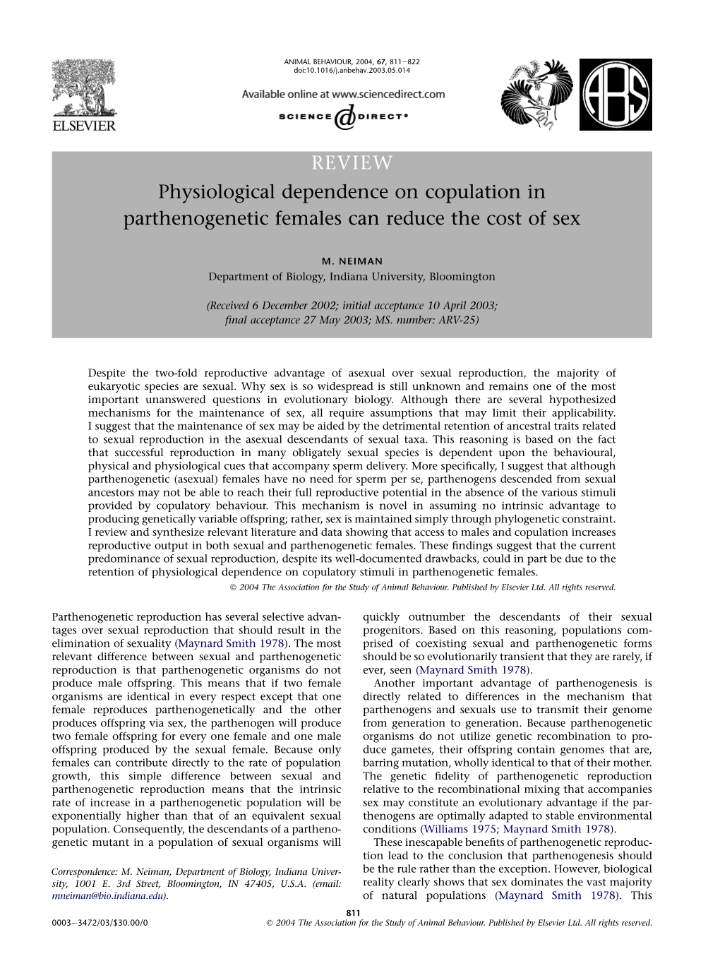 REVIEW Physiological Dependence on Copulation in Parthenogenetic Females Can Reduce the Cost of Sex