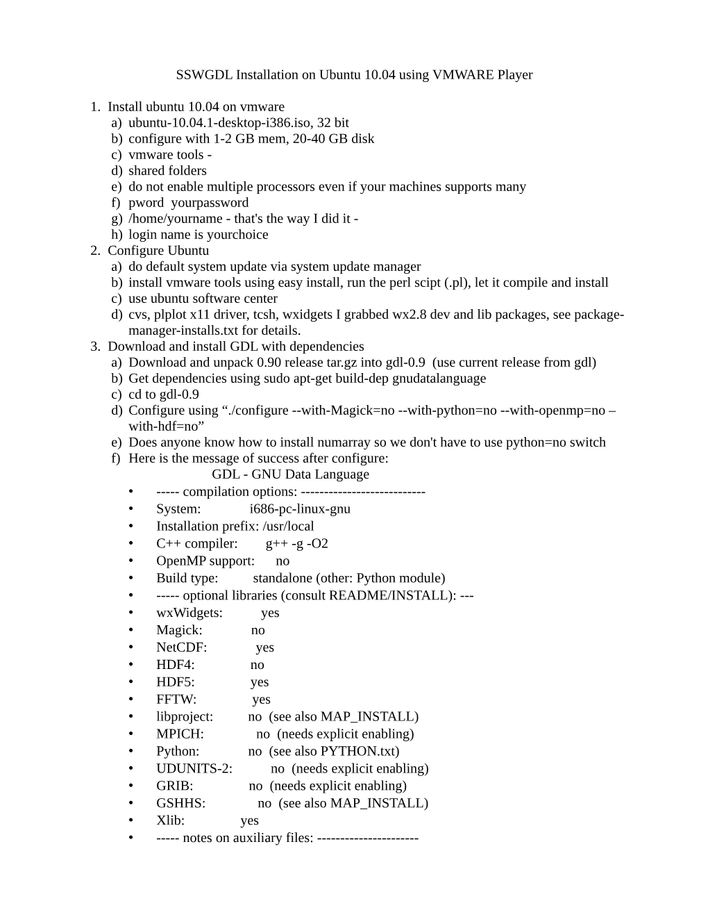 SSWGDL Installation on Ubuntu 10.04 Using VMWARE Player