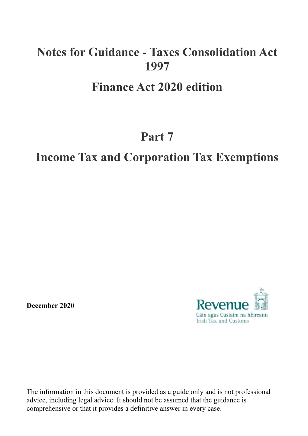Notes for Guidance - Taxes Consolidation Act 1997 Finance Act 2020 Edition