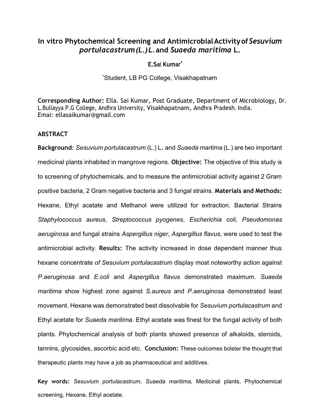 In Vitro Phytochemical Screening and Antimicrobial Activity of Sesuvium Portulacastrum (L.) L