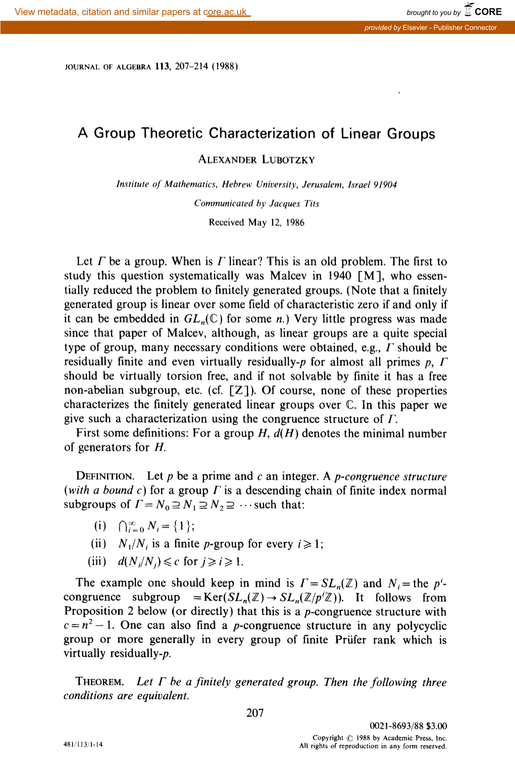 A Group Theoretic Characterization of Linear Groups