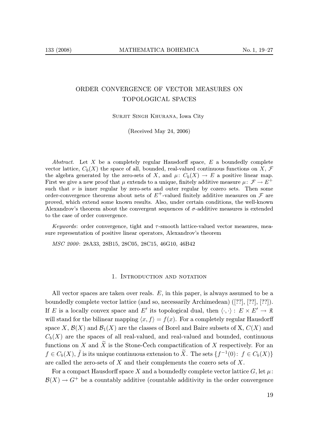 Order Convergence of Vector Measures on Topological Spaces