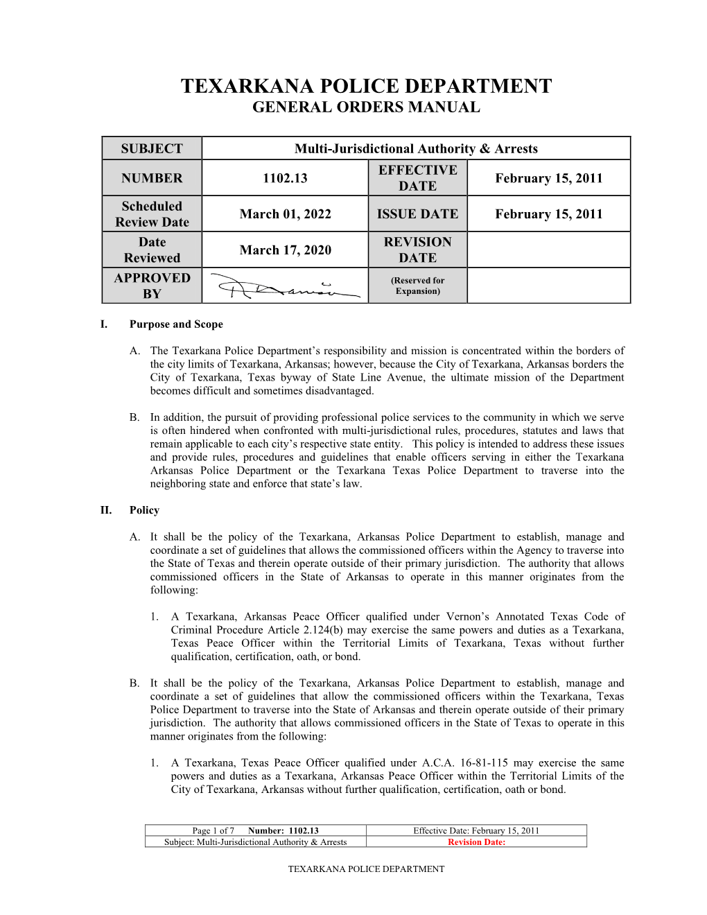 1102.13 Multi-Jurisdictional Authority and Arrests